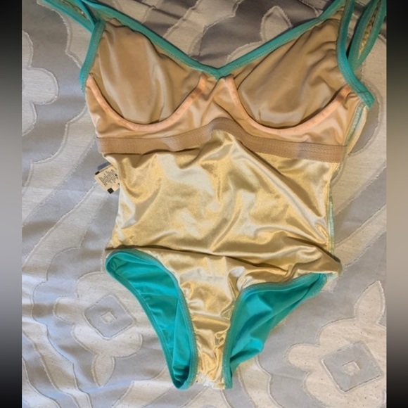 Turquoise jeweled One Piece Bathing suit cross cross back built in underwire bra - Picture 7 of 8